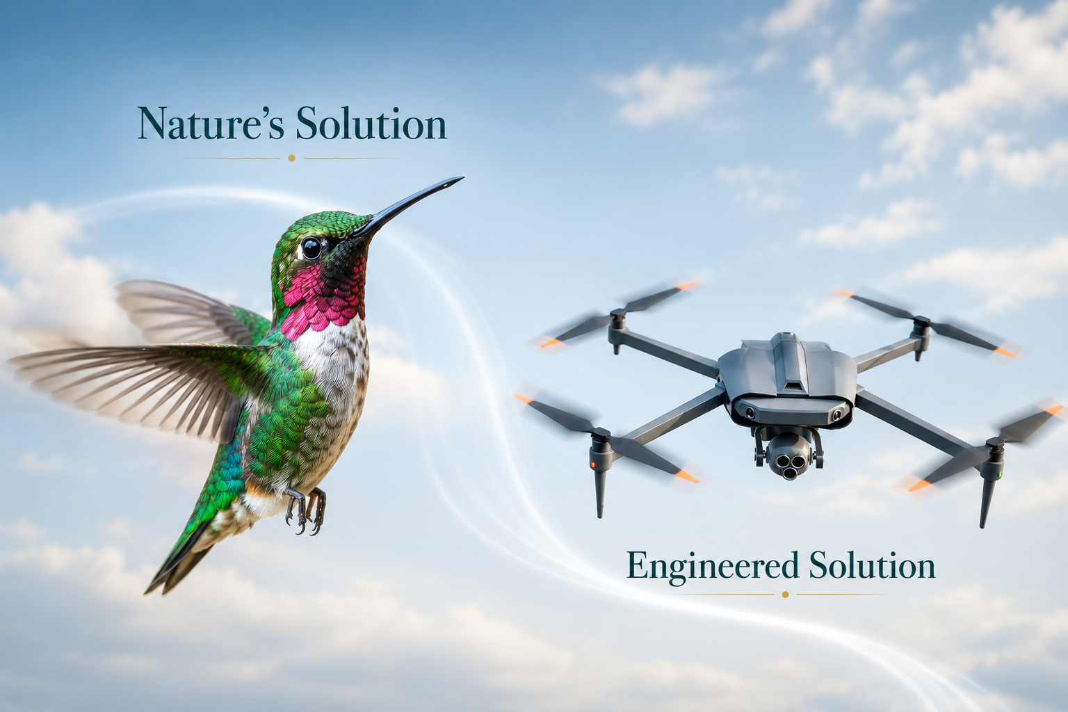Hummingbird alongside a human-engineered drone — 3.8 billion years vs. 50 years of design