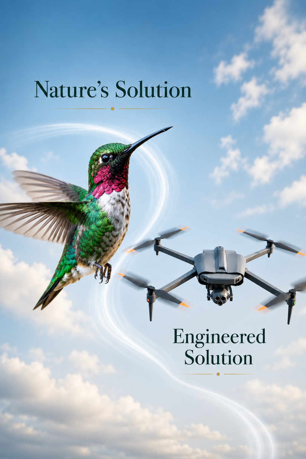 Nature's Solution vs. The Engineered Solution — hummingbird alongside a drone